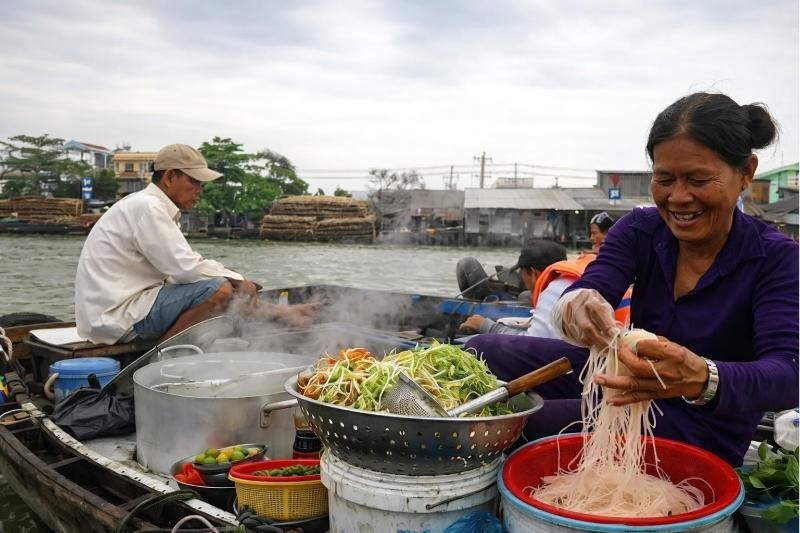 prendre du hủ tiếu dans le marché flottant Cai Rang (source : Ansusofia)